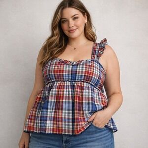 Torrid Belle Isle Babydoll Top Women 3 Red Blue Plaid Ruffle Smocked Cottagecore